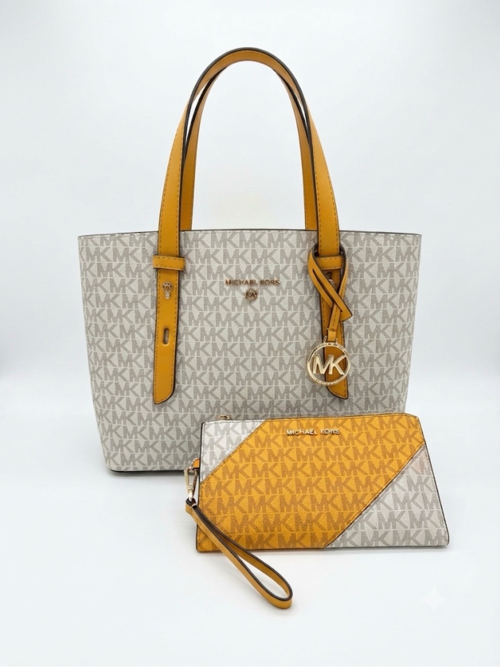 Michael Kors Beige and Yellow Monogram Tote with Matching Wristlet